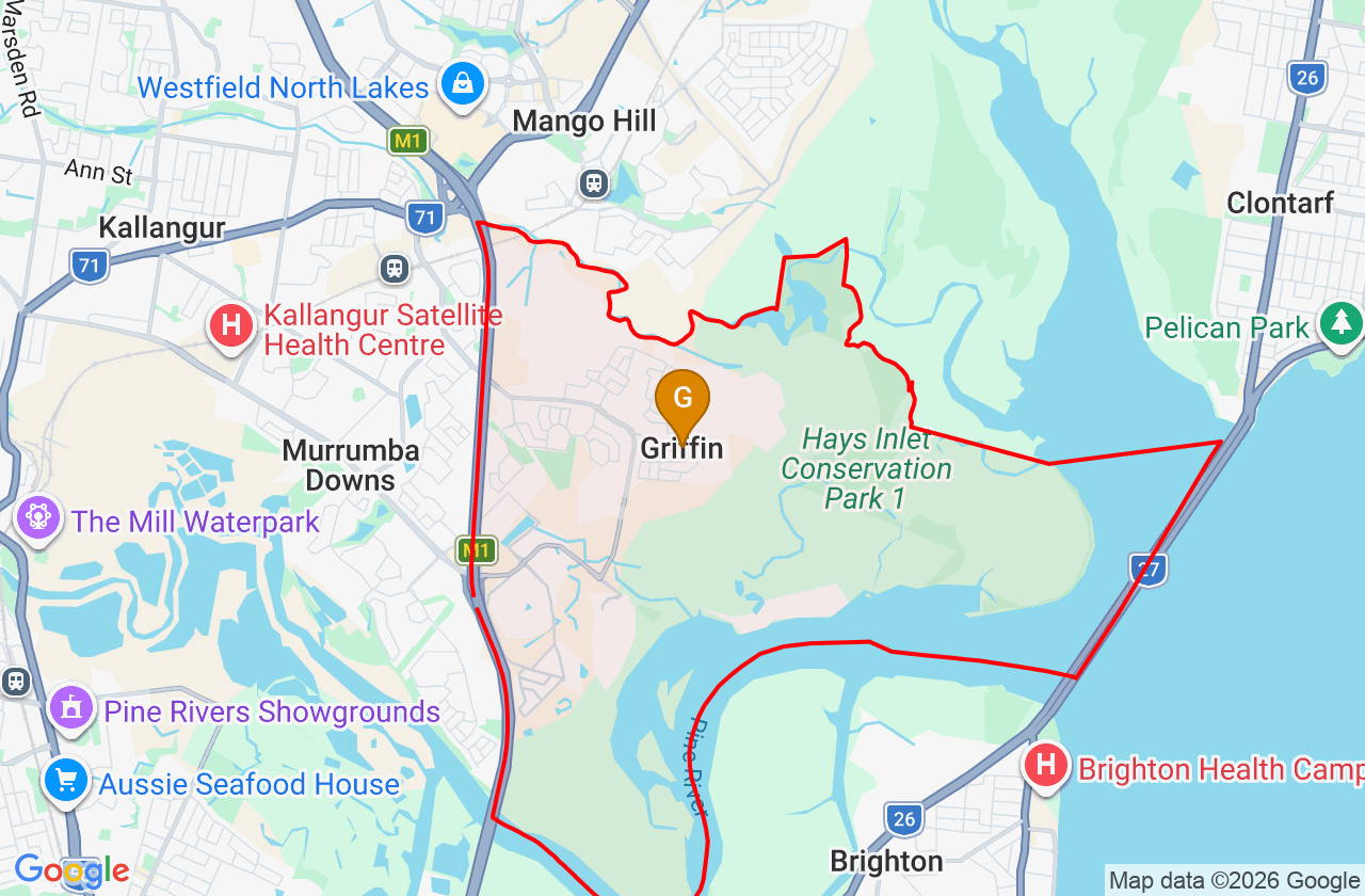 Map showing PCFixer computer repair service area and suburb boundary around Griffin QLD
