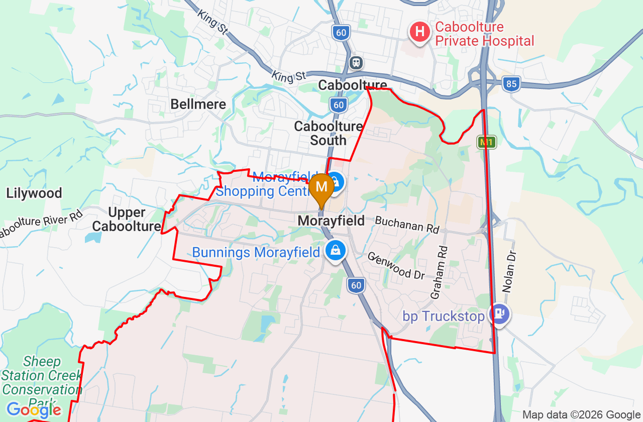 Map showing PCFixer computer repair service area and suburb boundary around Morayfield QLD