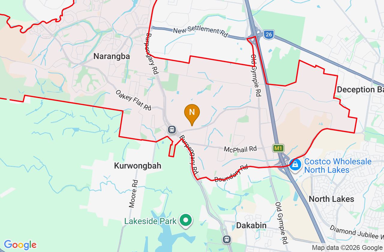 Map showing PCFixer computer repair service area and suburb boundary around Narangba QLD