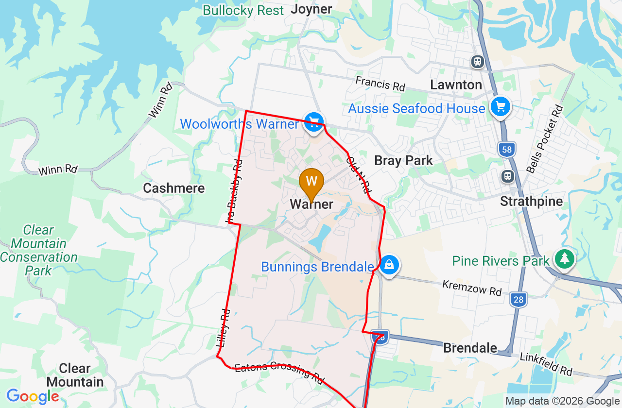 Map showing PCFixer computer repair service area and suburb boundary around Warner QLD